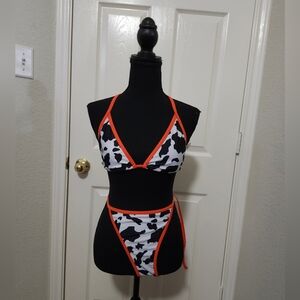Cow Print Triangle Bikini with Orange Trim S